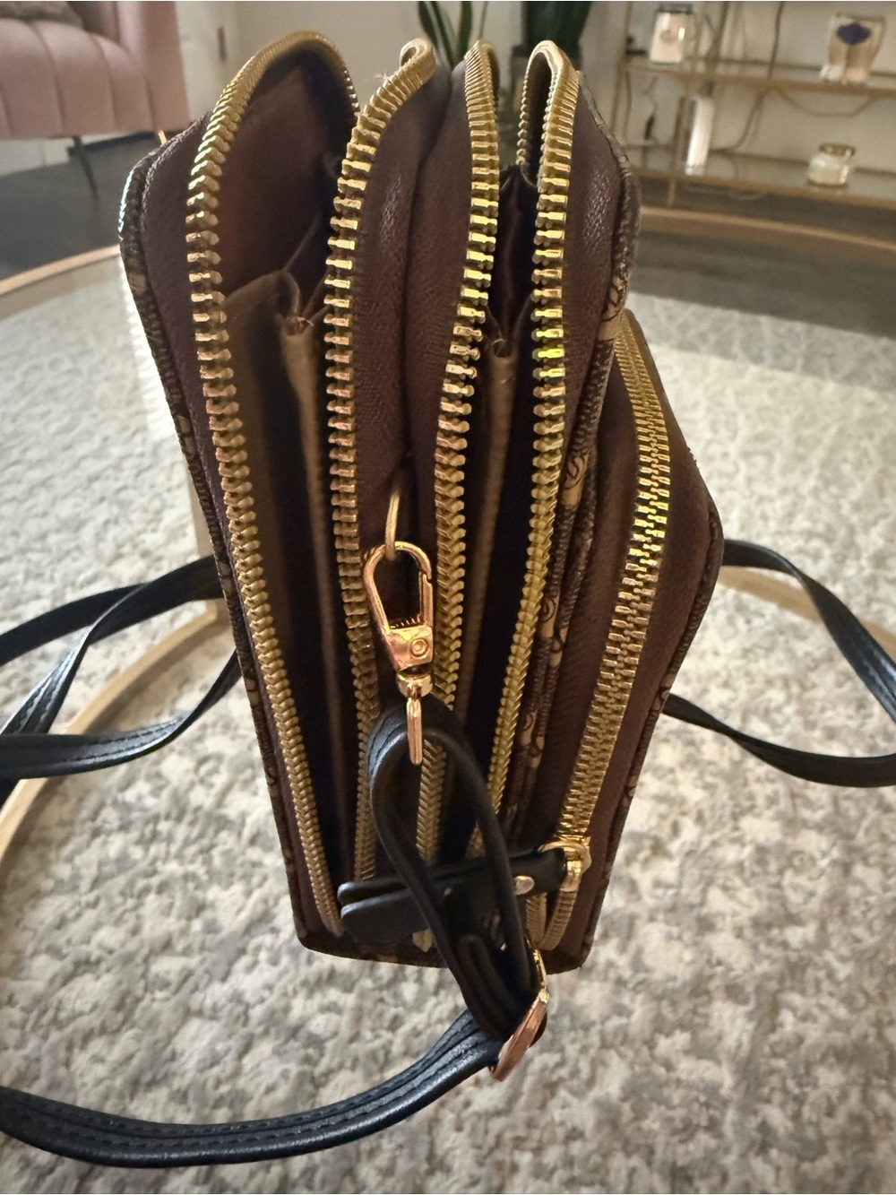 Designer Inspired Bee Crossbody Phone Bag Brown Monogram Triple Zip Wallet Purse - Picture 3 of 7